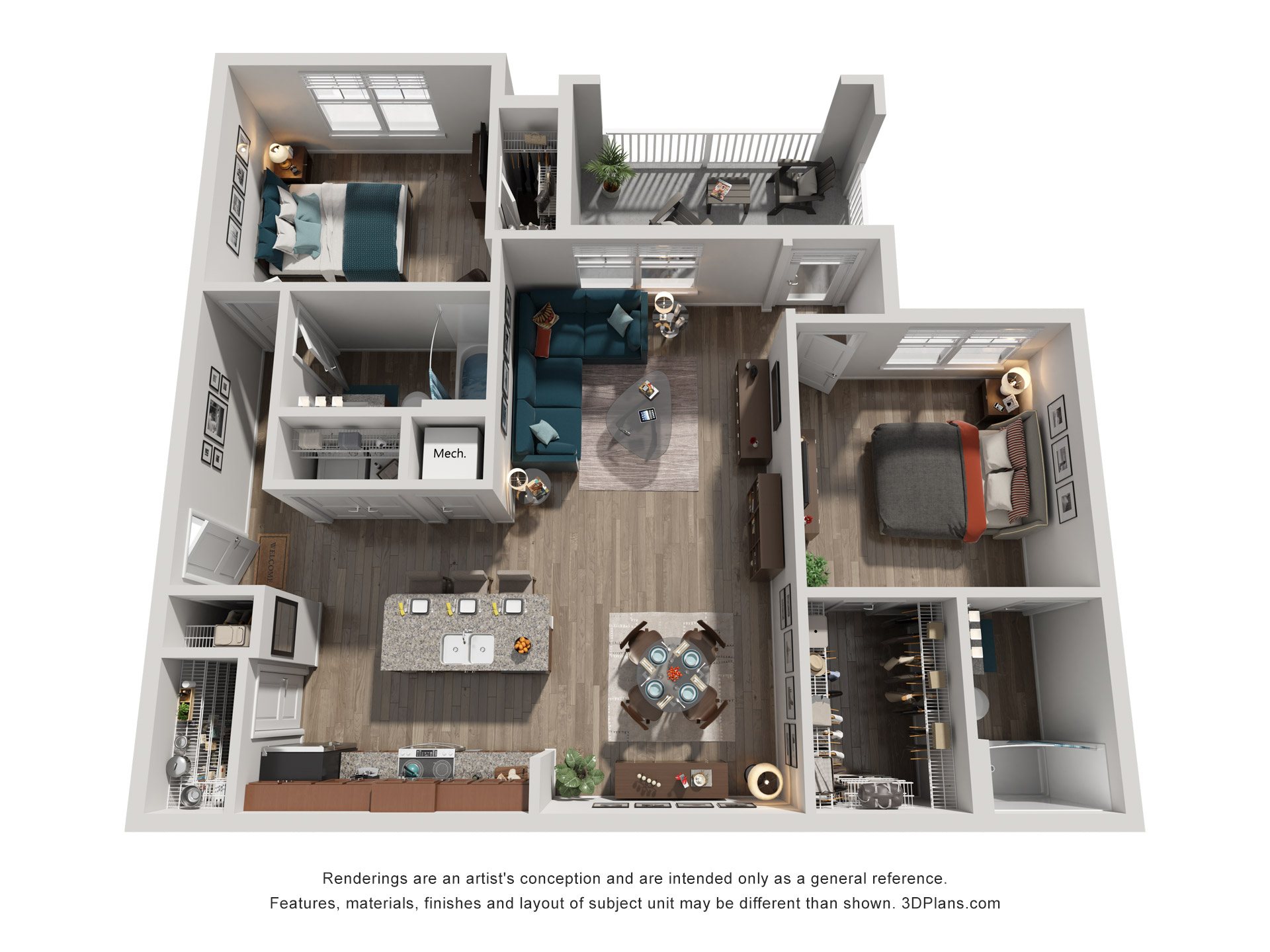 Floor plan for 2 beds, 2 baths, 1182 sqft